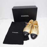 CHANEL シャネル フラットシューズ 371/2 約24.5cm メリージェーン キルティング ゴールドカラー バイカラー 箱 H21854