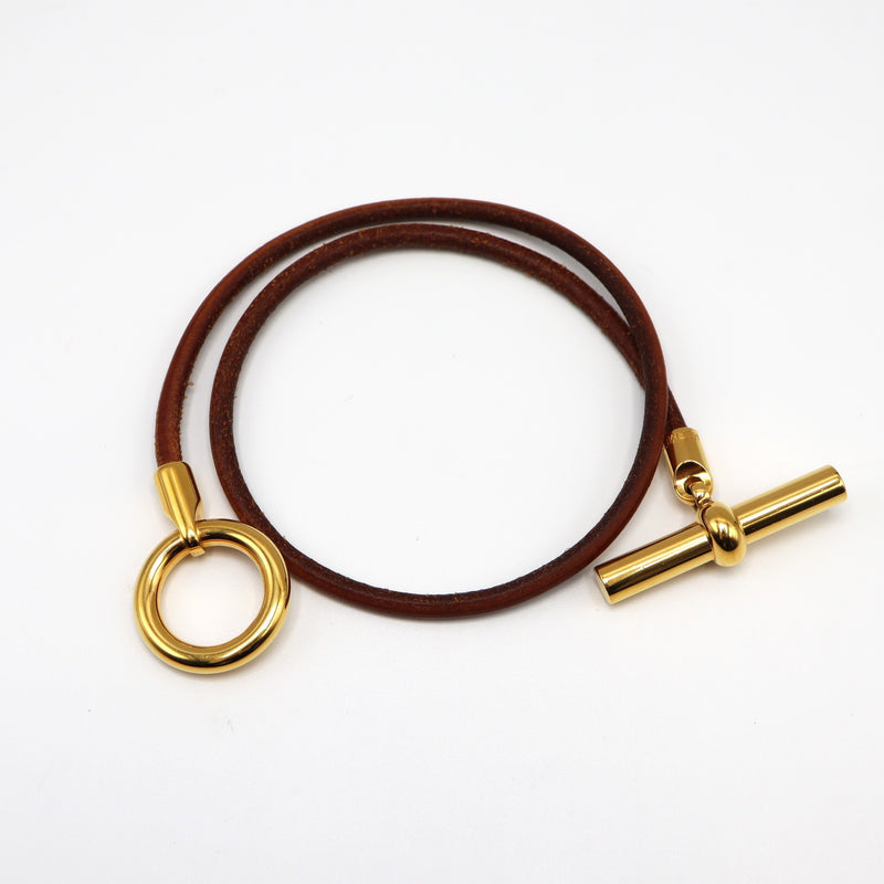 HERMES エルメス グレナン 二重巻き ブレスレット ゴールド金具 ブラウン GP レザー アクセサリー