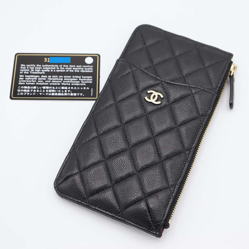 CHANEL シャネル フラグメントケース キャビアスキン マトラッセ クラシックポーチ ブラック×ゴールド 31番代 ギャラあり M3734