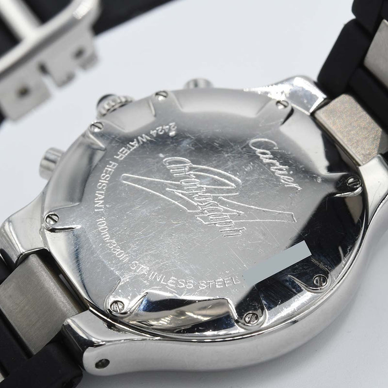 腕時計 稼働 Cartier カルティエ クロノスカフ21 クォーツ クロノグラフ 黒色文字盤 ベルト尾錠社外品 箱保有 H18178