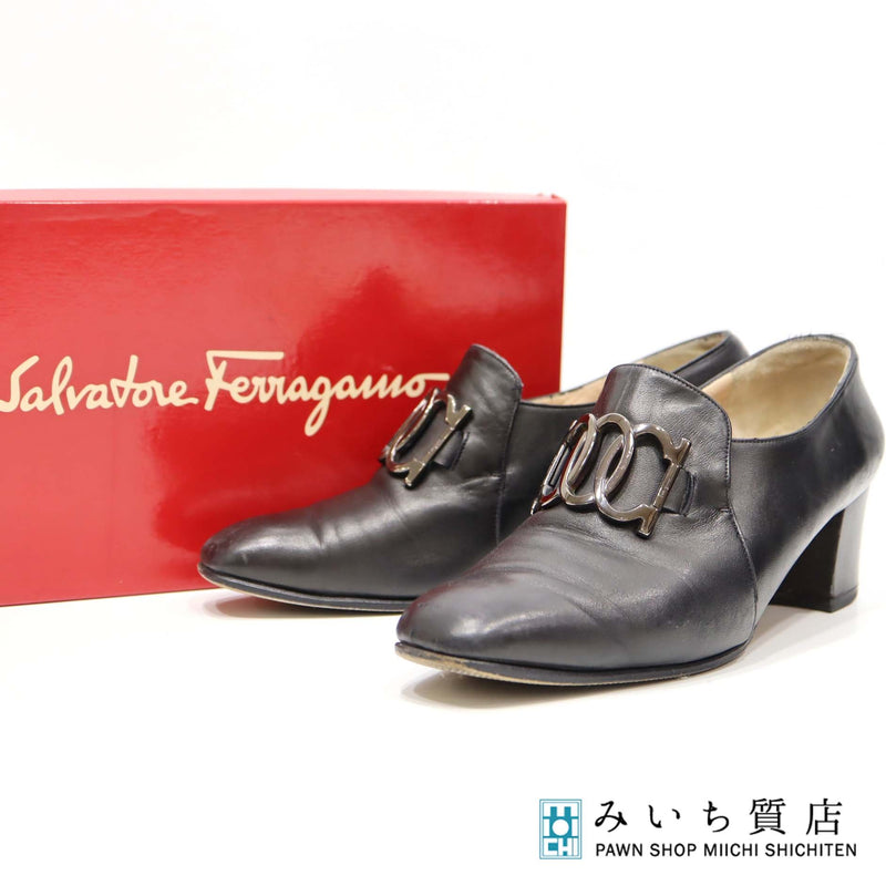 Salvatore Ferragamo フェラガモ パンプス ガンチーニ チャンキーヒール ブラック 7 1/2 D 24.5cm 靴 箱有 H12688-4