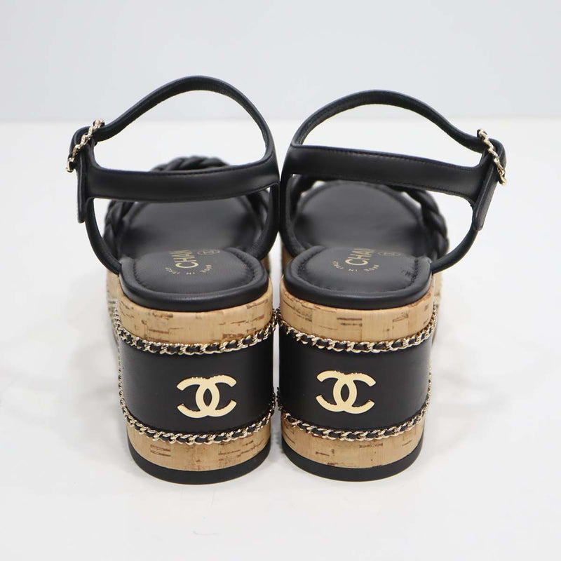 未使用 CHANEL シャネル ウエッジソール サンダル G46317 チェーン ココマーク ブラック サイズ37 1/2 靴 24.5cm H20151