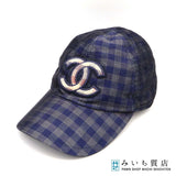 CHANEL シャネル キャップ 帽子 ココマーク チェック柄 ネイビー Mサイズ コットン100％ 26k537-2