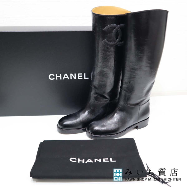 未使用 シャネル CHANEL G33870 ハイブーツ カーフスキン 37 C 23.5cm ロングブーツ ブラック ココマーク ジョッキーブーツ ko149