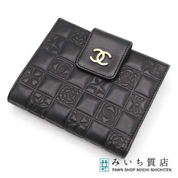 CHANEL シャネル 財布 アイコン ラムスキン 二つ折り 型押し Wホック ココマーク 黒 8番代 ギャラあり H18894