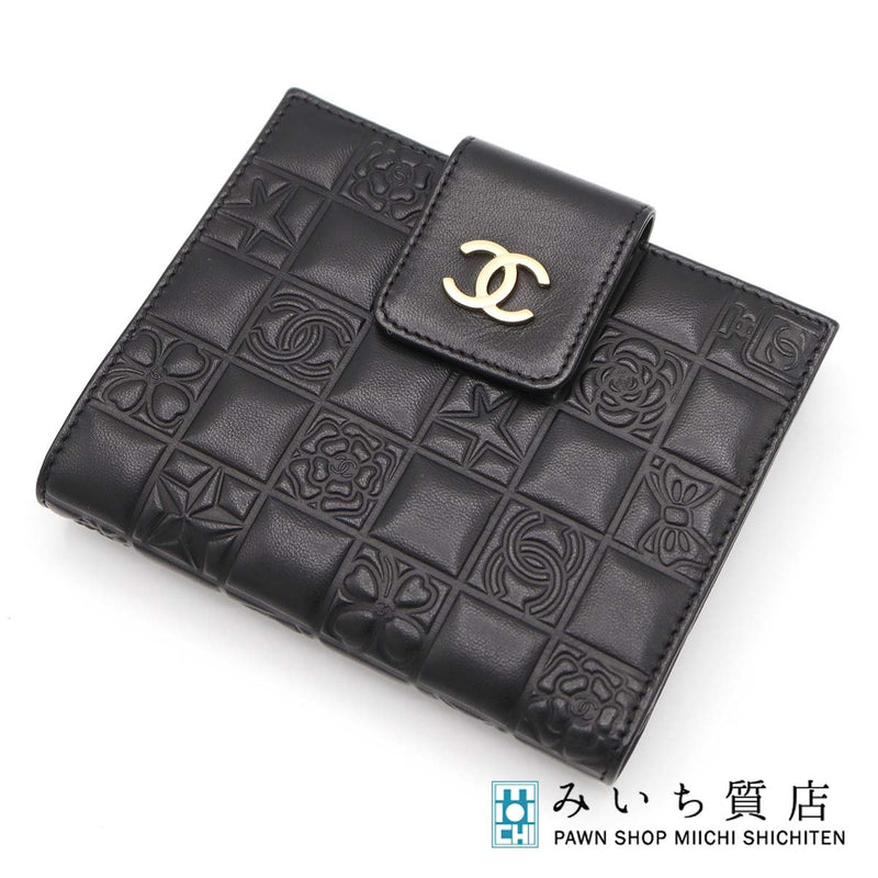 CHANEL シャネル 財布 アイコン ラムスキン 二つ折り 型押し Wホック ココマーク 黒 8番代 ギャラあり H18894