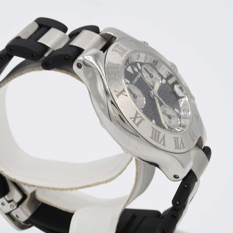 腕時計 稼働 Cartier カルティエ クロノスカフ21 クォーツ クロノグラフ 黒色文字盤 ベルト尾錠社外品 箱保有 H18178