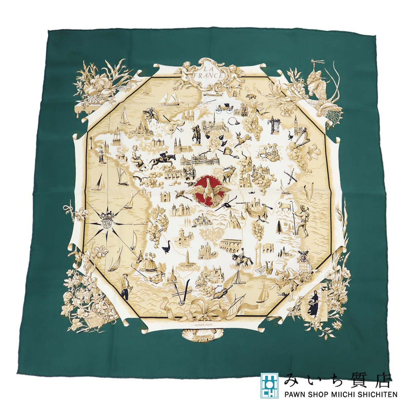 HERMES エルメス スカーフ カレ70 LA FRANCE シルク100％ グリーン H18947-4
