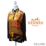 HERMES エルメス ニット 切替シャツ 長袖 トップス 総柄 Sサイズ シルク カシミヤ混 オレンジ×ブラック 26k350-16