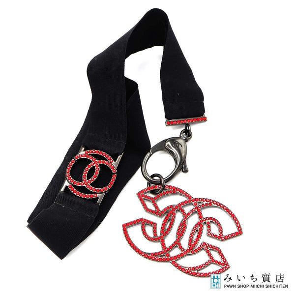 CHANEL シャネル B17 S ネックストラップ ネックレス ココマーク ラインストーン 赤 アクセサリー レディース 25k346-1