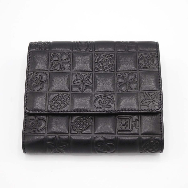 CHANEL シャネル 財布 アイコン ラムスキン 二つ折り 型押し Wホック ココマーク 黒 8番代 ギャラあり H18894