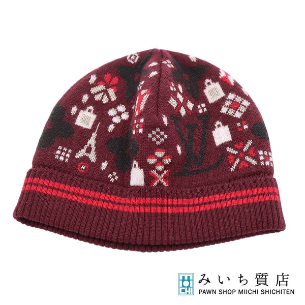 LOUIS VUITTON ルイヴィトン LV ボネ・グランフロア ニット帽 ウール91％ レーヨン9％ 帽子 ボルドー系 H.102