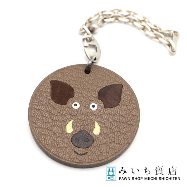 HERMES エルメス イノシシ 猪 アニマル レザー チャーム キーホルダー バックチャーム シルバー925 2007 総重量約11.9g H18948