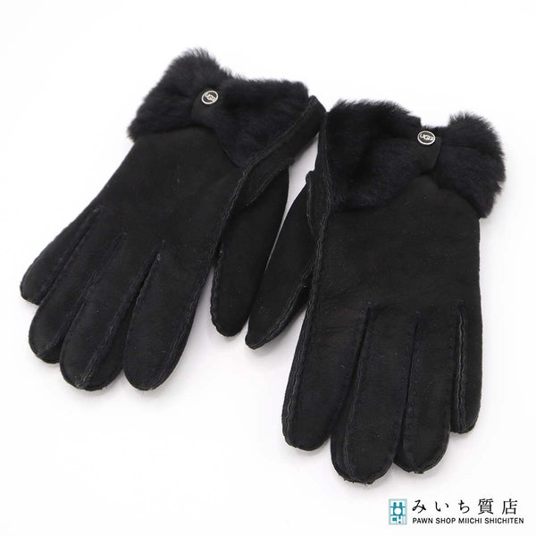 UGG アグ ムートン手袋 RN17541 グローブ スエード リボン サイズM シープスキン ブラック レディース 箱有 24s612-5