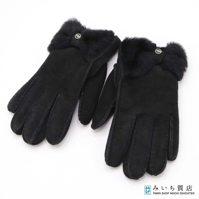 UGG アグ ムートン手袋 RN17541 グローブ スエード リボン サイズM シープスキン ブラック レディース 箱有 24s612-5