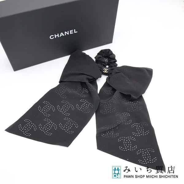 CHANEL シャネル シュシュ ココステッチ パンチング 総柄 シフォン リボン AA9460 ブラック ヘアアクセサリー 箱有 H19649