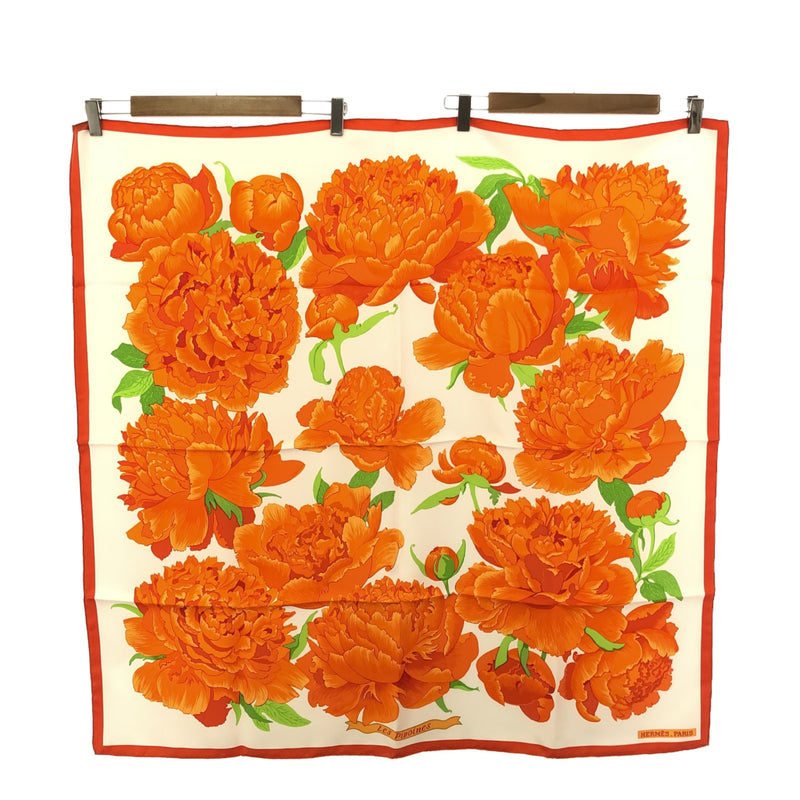 未使用 エルメス HERMES カレ90 Les Pivoines 芍薬 シャクヤク オレンジ シルク スカーフ M3375-3