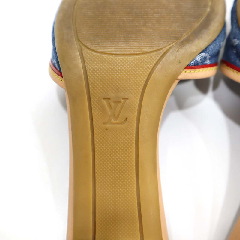 ルイヴィトン LOUIS VUITTON モノグラムデニム 38 1/2 25.5cm ミュール サンダル ヒール ブルー リボン LV ok105