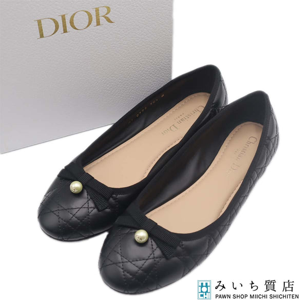 Christian Dior ディオール バレエシューズ パンプス 38 1/2 約25.5cm カナージュ リボン ブラック 箱有 H19575