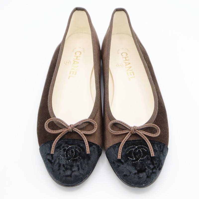 CHANEL シャネル G02819 バレエシューズ バレリーナ ベロア リボン フラットシューズ ブラウン×ブラック サイズ39 レディース H20478