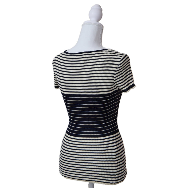 VALENTINO ヴァレンティノ ボーダー リブニット 半袖 トップス  Mサイズ ネイビー×ホワイト レディース 25k167-1