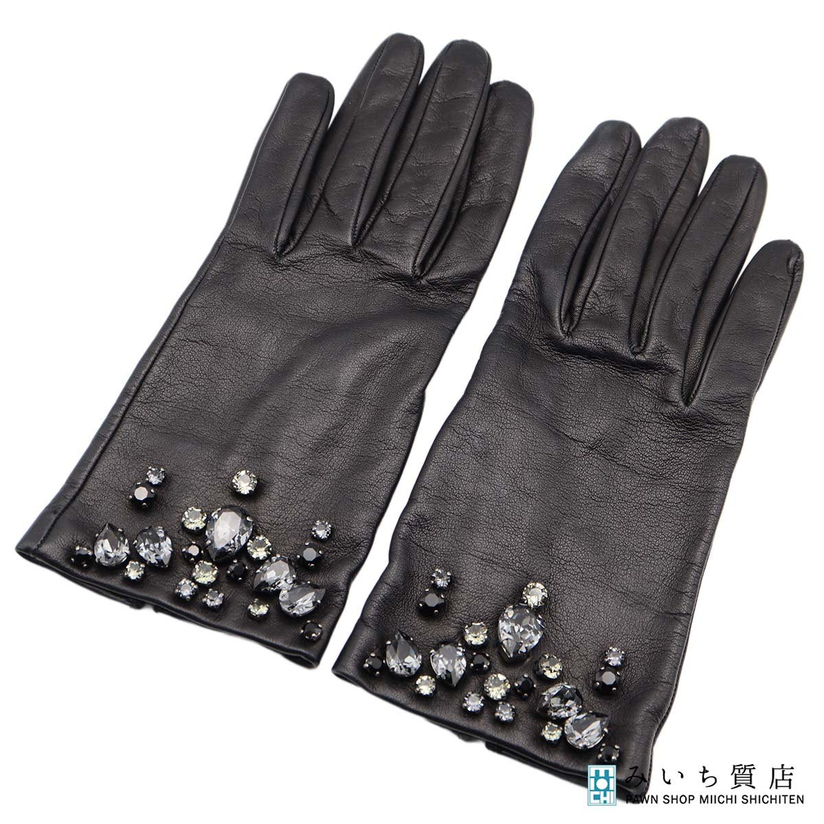 ブランド別 質屋 PRADA プラダ レザーグローブ ビジュー ストーン 7 1