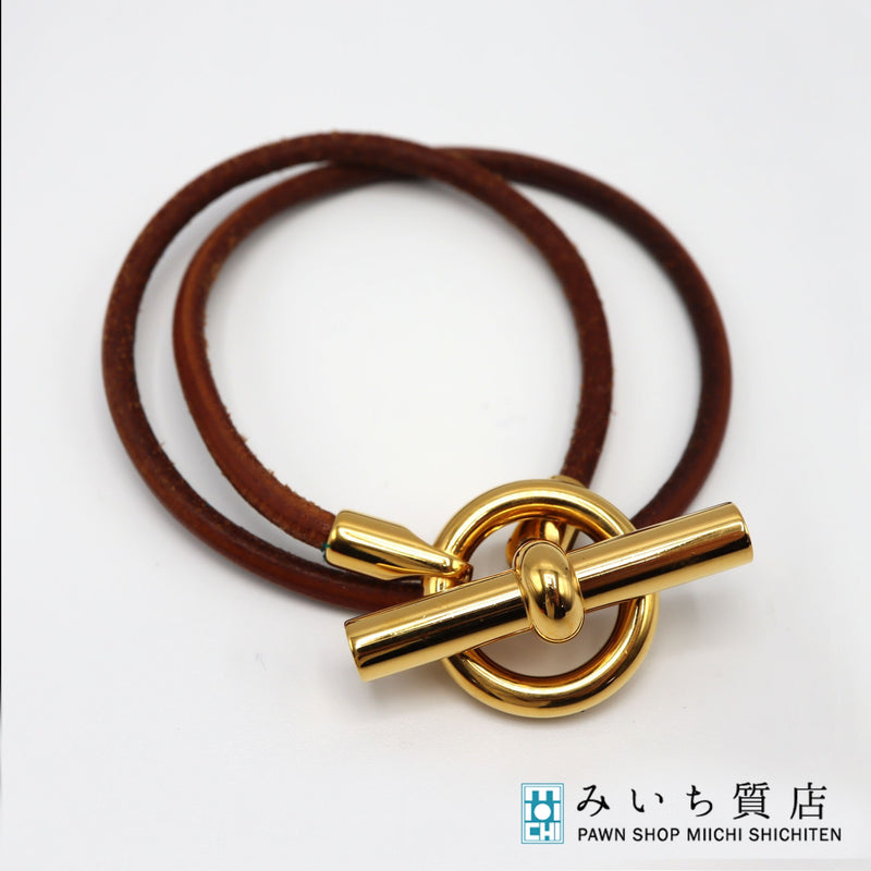 HERMES エルメス グレナン 二重巻き ブレスレット ゴールド金具 ブラウン GP レザー アクセサリー