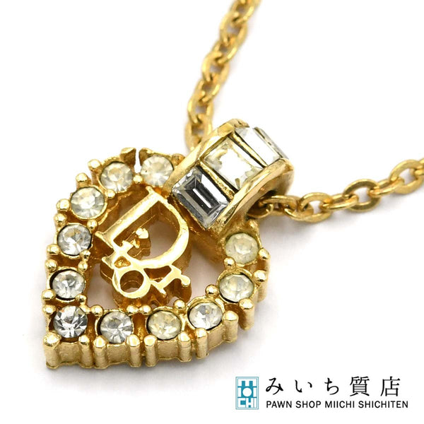 Christian Dior ディオール ネックレス ハート ラインストーン ビジュー ロゴ ゴールドカラー アクセサリー 5.5g H10469-1