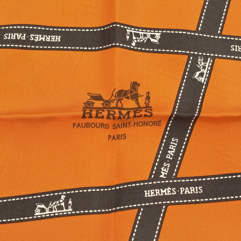 HERMES エルメス カレ90 ボルデュック リボン柄 BOLDUC シルク100％ オレンジ スカーフ 箱有 H20530