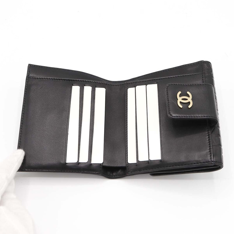 CHANEL シャネル 財布 アイコン ラムスキン 二つ折り 型押し Wホック ココマーク 黒 8番代 ギャラあり H18894