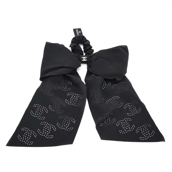 CHANEL シャネル シュシュ ココステッチ パンチング 総柄 シフォン リボン AA9460 ブラック ヘアアクセサリー 箱有 H19649