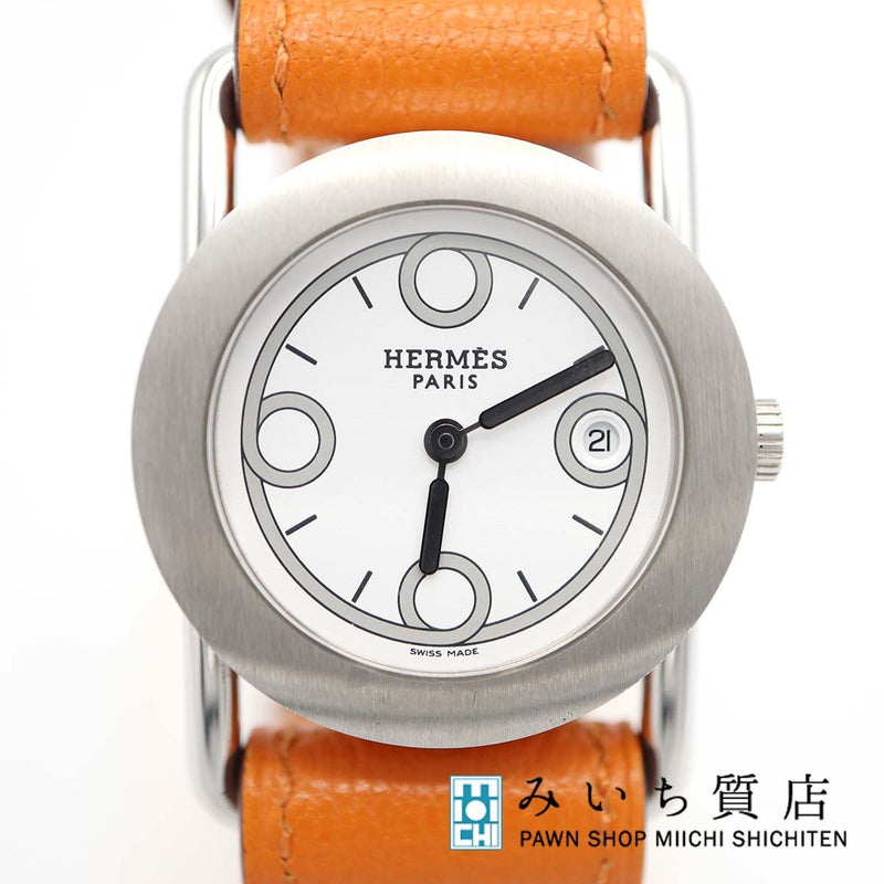 稼働 腕時計 HERMES エルメス バレニア ロンド BR1.210 クォーツ ホワイト文字盤 オレンジ ブラウン リバーシブル 2025.5電池交換済 H19143