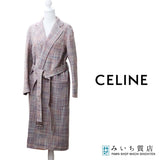 CELINE セリーヌ チェック柄 ツイード ロングコート  2 8S66 サイズ40 ベルト付き レディース アウター 26k493-1