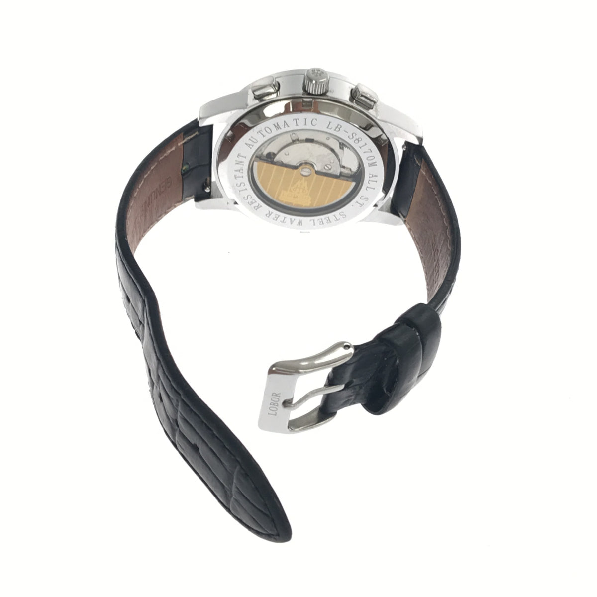 腕時計 LOBOR ロバー LB8170M 白文字盤 クロコ調黒バンド 裏スケ 自動巻き Automatic 22k207-3