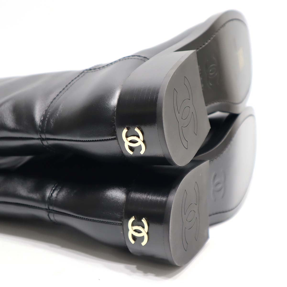 シャネル CHANEL ロングブーツ レザー ココマーク 黒 ブラック