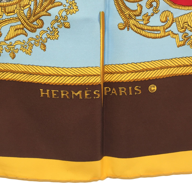 エルメス HERMES カレ90 パリの紋章 Les Armes de Paris スカーフ 茶 水色 スカーフ シルク H7881