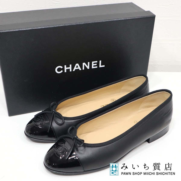 靴 シャネル CHANEL G02819 ココマーク リボン フラットシューズ 38C 黒 ブラック M2069