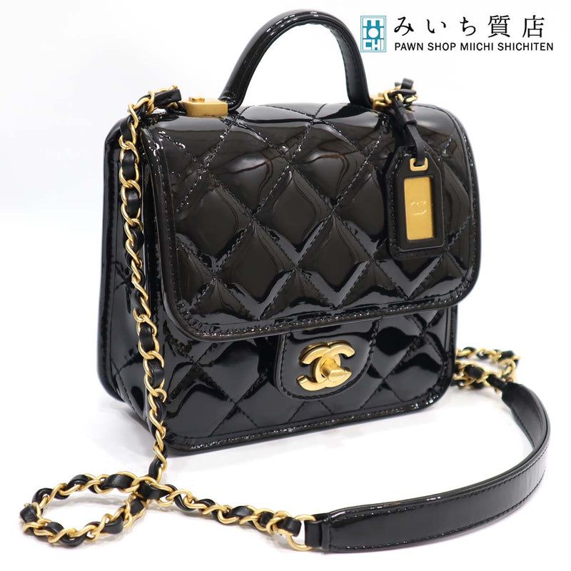 未使用 シャネル CHANEL スモール トップハンドル フラップ バッグ AS3652 マトラッセ エナメル パテント カーフスキン ショルダーバッグ 黒 22k599-14