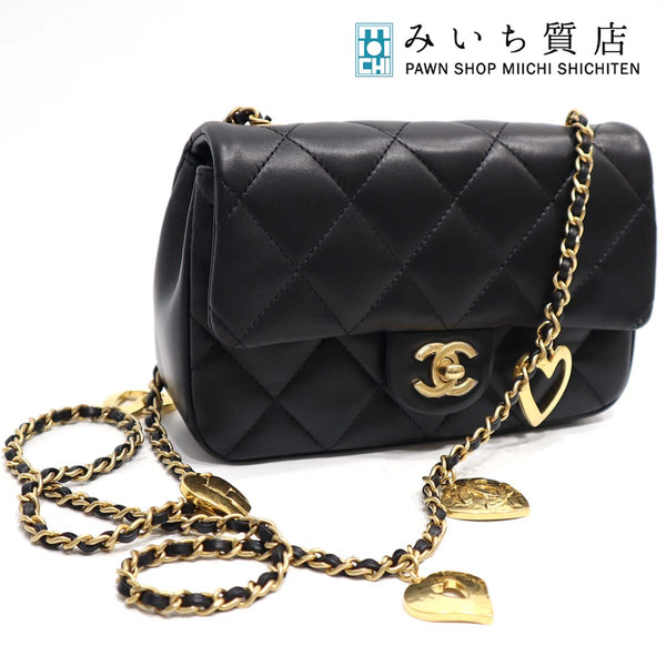 未使用 シャネル CHANEL ハート ミニ フラップバッグ ブラック チェーンショルダー ハート AS3457 ラムスキン 22k385-1