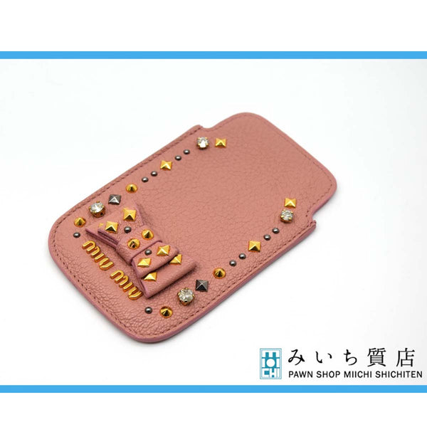 美品 miumiu マルチケース iQOSケース iPhoneケース ミュウミュウ アイコス ピンク ラインストーン リボン スタッズ 30k430−12