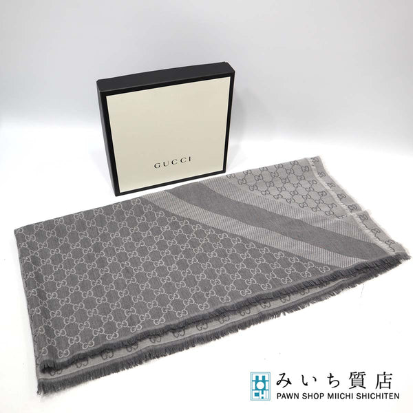 グッチ GUCCI ストール ショール マフラー グレー GG柄 大判 135cm ウール シルク フリンジ 防寒 H2863