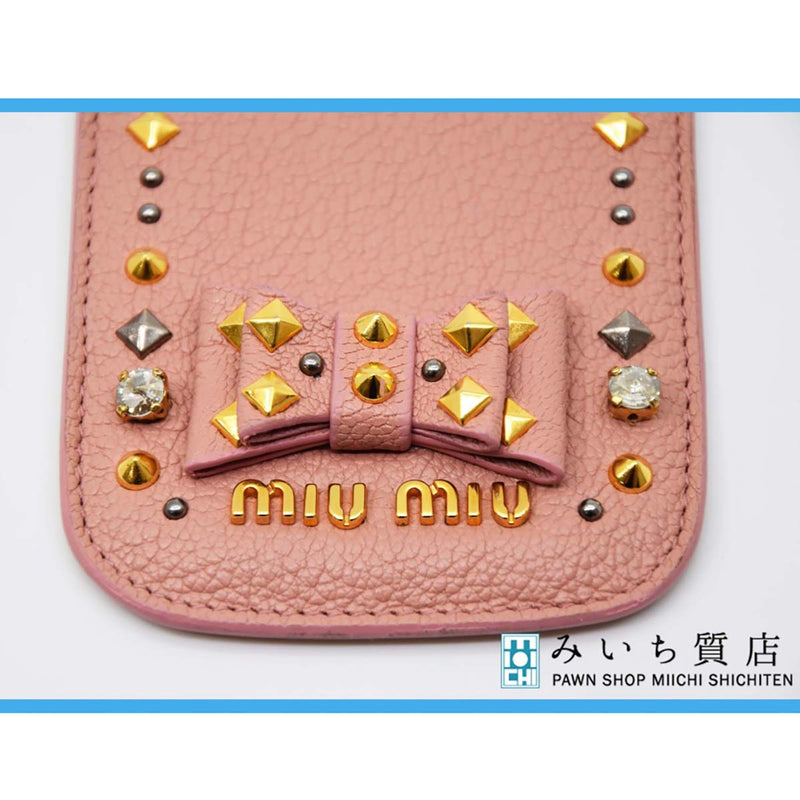 美品 miumiu マルチケース iQOSケース iPhoneケース ミュウミュウ アイコス ピンク ラインストーン リボン スタッズ 30k430−12