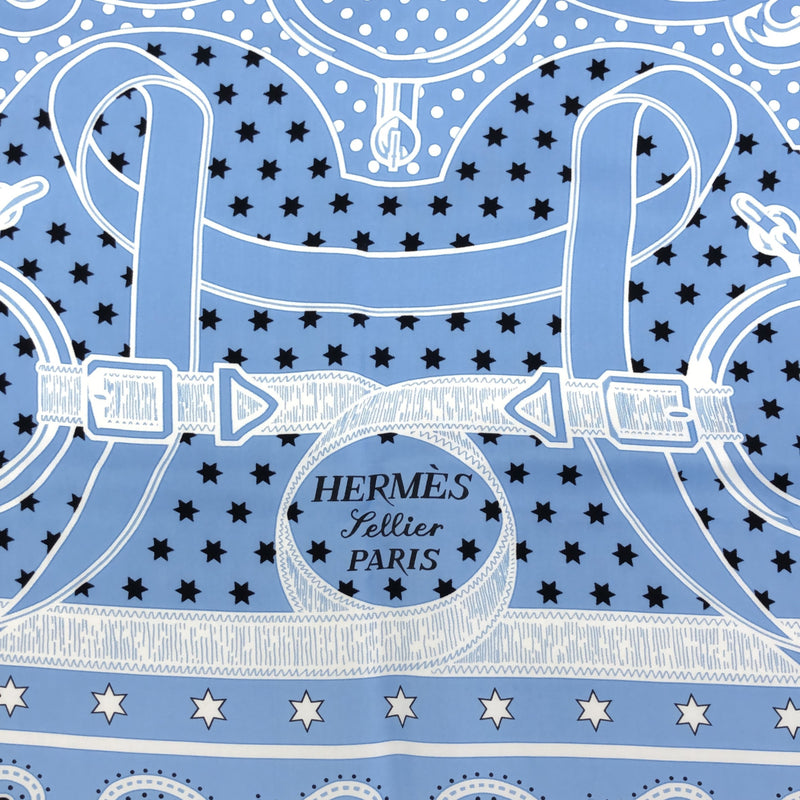 エルメス HERMES カレ140 Eperon d'Or エプロンドール ブルーオックスフォード バンダナ 水色 青 シルク 大判 ショール H7082