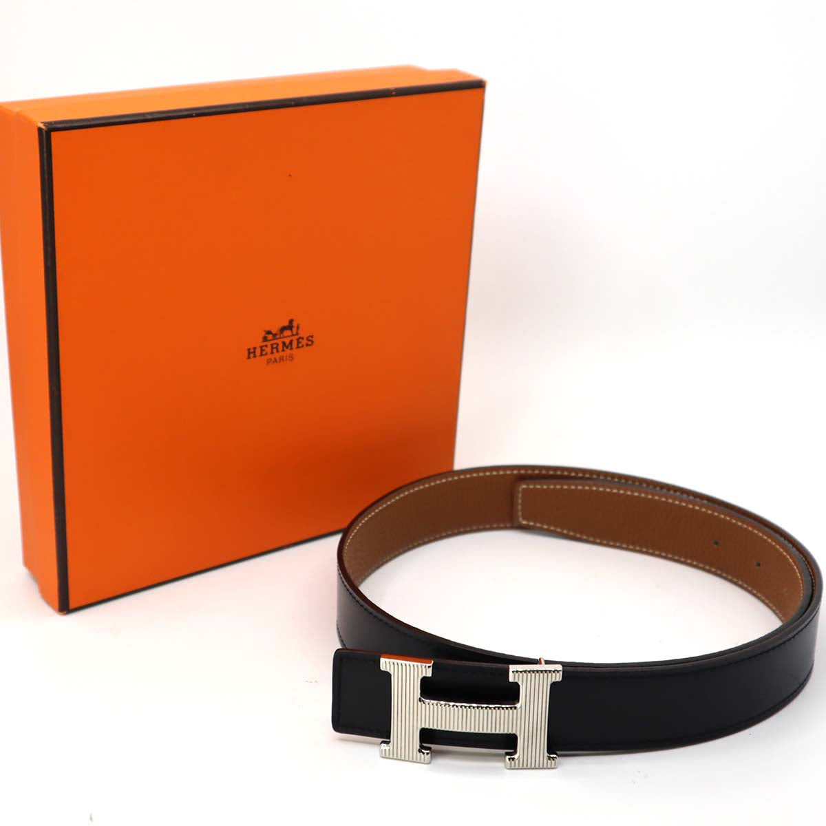 エルメス HERMES Hベルト ストリエ 80 ブラック ブラウン ボックス