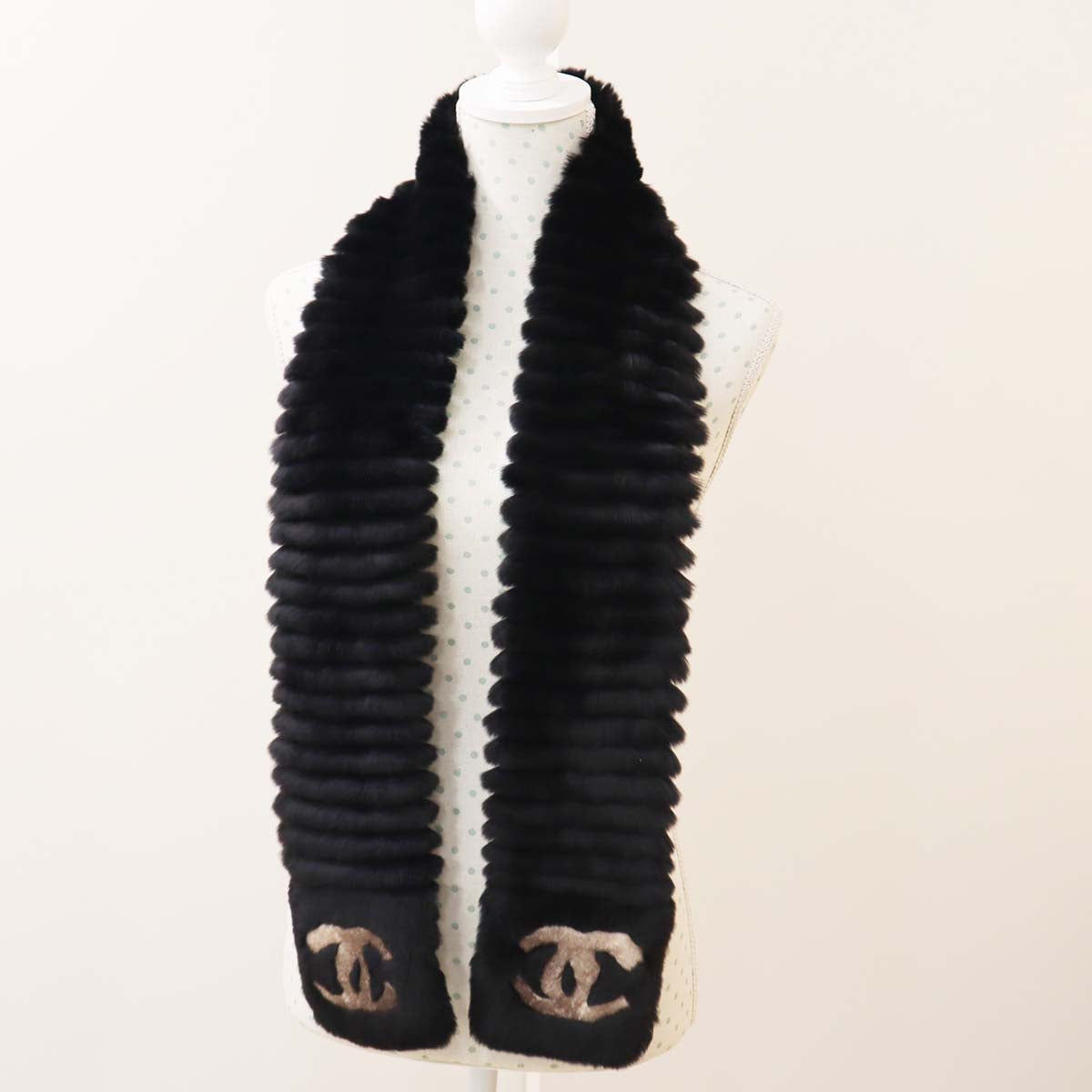 極美品 シャネル CHANEL オリラグ ファー ラビット マフラー ブラック