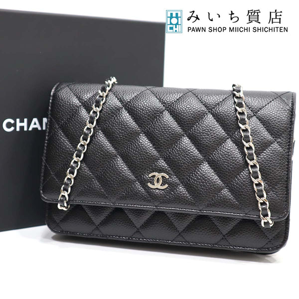 未使用 シャネル CHANEL チェーンウォレット A33814 マトラッセ キャビアスキン シルバー金具 黒 ブラック 22k599-15