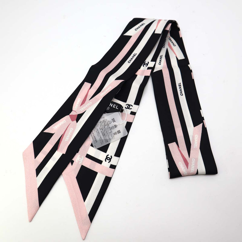 未使用 シャネル CHANEL ヘアバンド リボン柄 ピンク 黒 スカーフ ブランド 小物 シルク 24k51-5