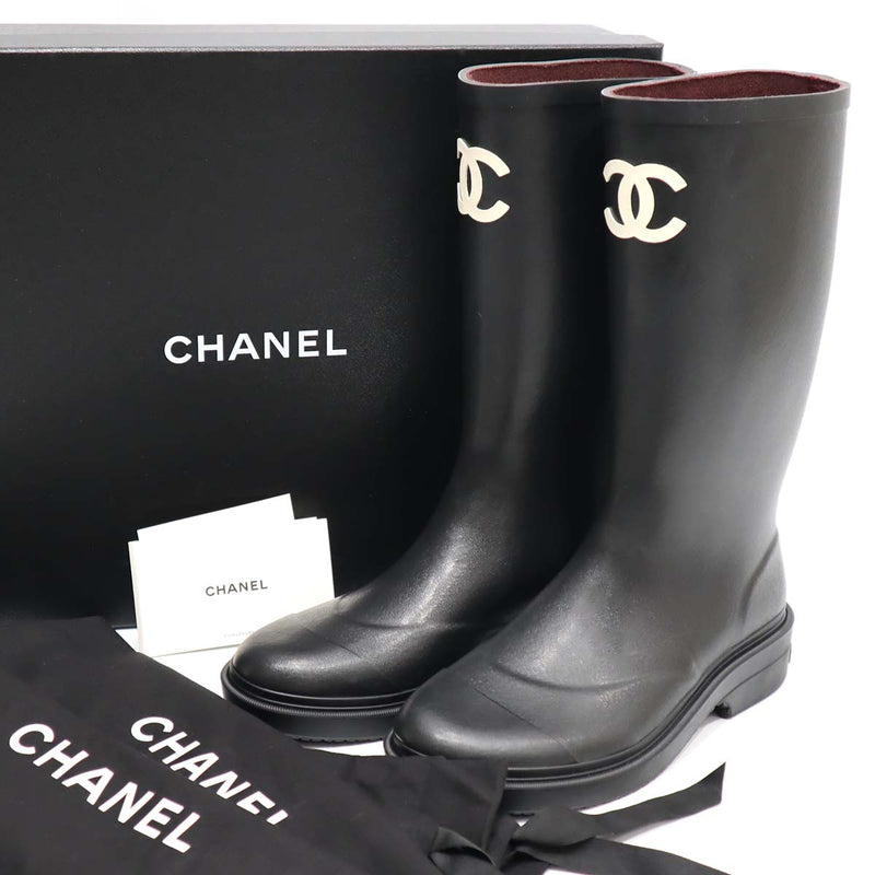 未使用 シャネル CHANEL 39 レインブーツ 靴 ココマーク ブラック 