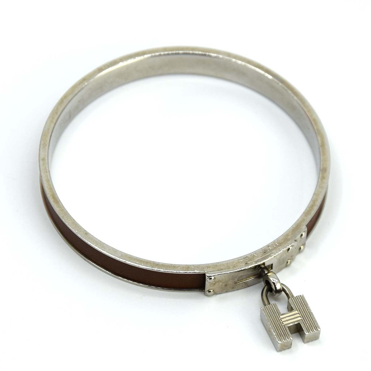 ★エルメス バングル  シルバー H金具 ステッチ ブラウン レザー HY ☆エルメス バングル シルバー H金具 ステッチ ブラウン レザー HY
