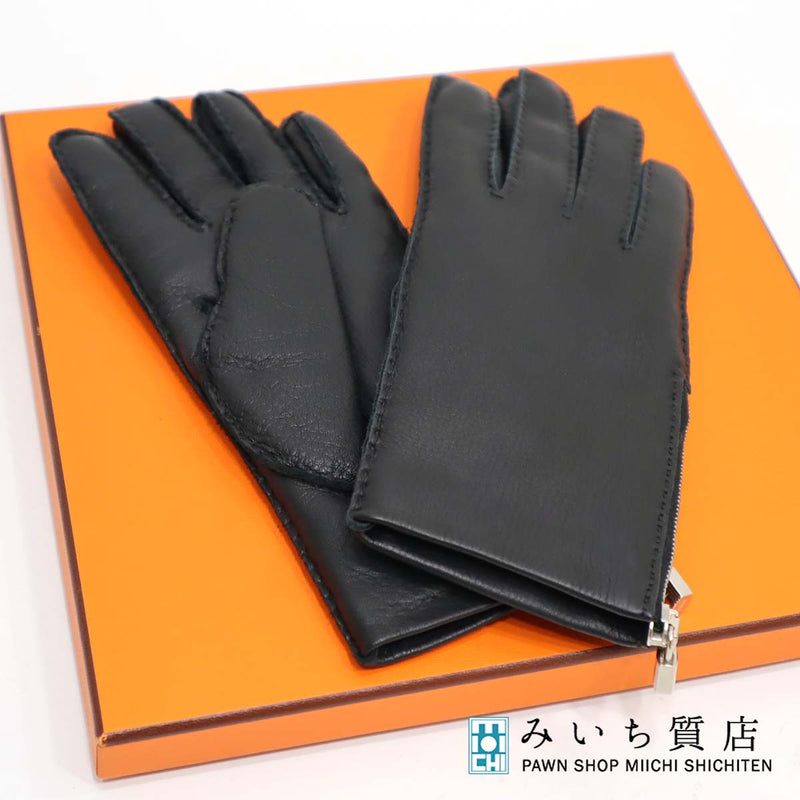 【美品】エルメス　7サイズ　レザーグローブ　手袋　カデナ　ブラック　黒手袋